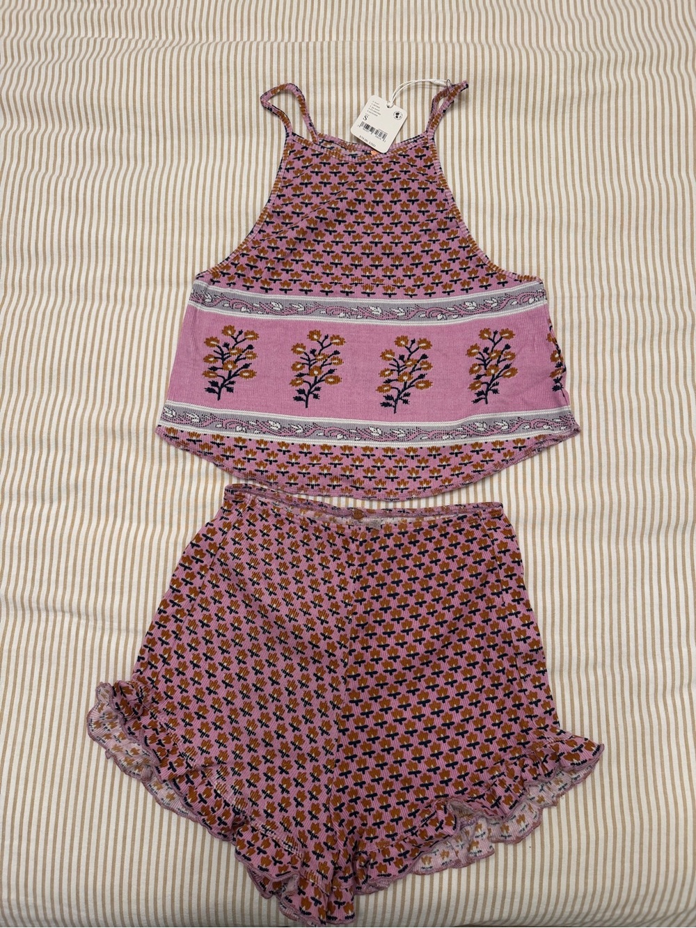 NWT Free People Intimately Mauve Floral Two-Piece Tank & Ruffle Short Set